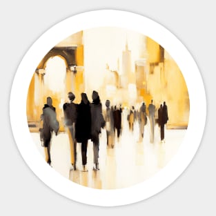 Silhouettes of people walking on city street, abstract impressionism painting Sticker